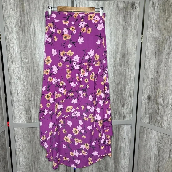 Flynn Skye High Low Skirt Ruffles Purple Pink Floral Print Boho Size M - Picture 1 of 10